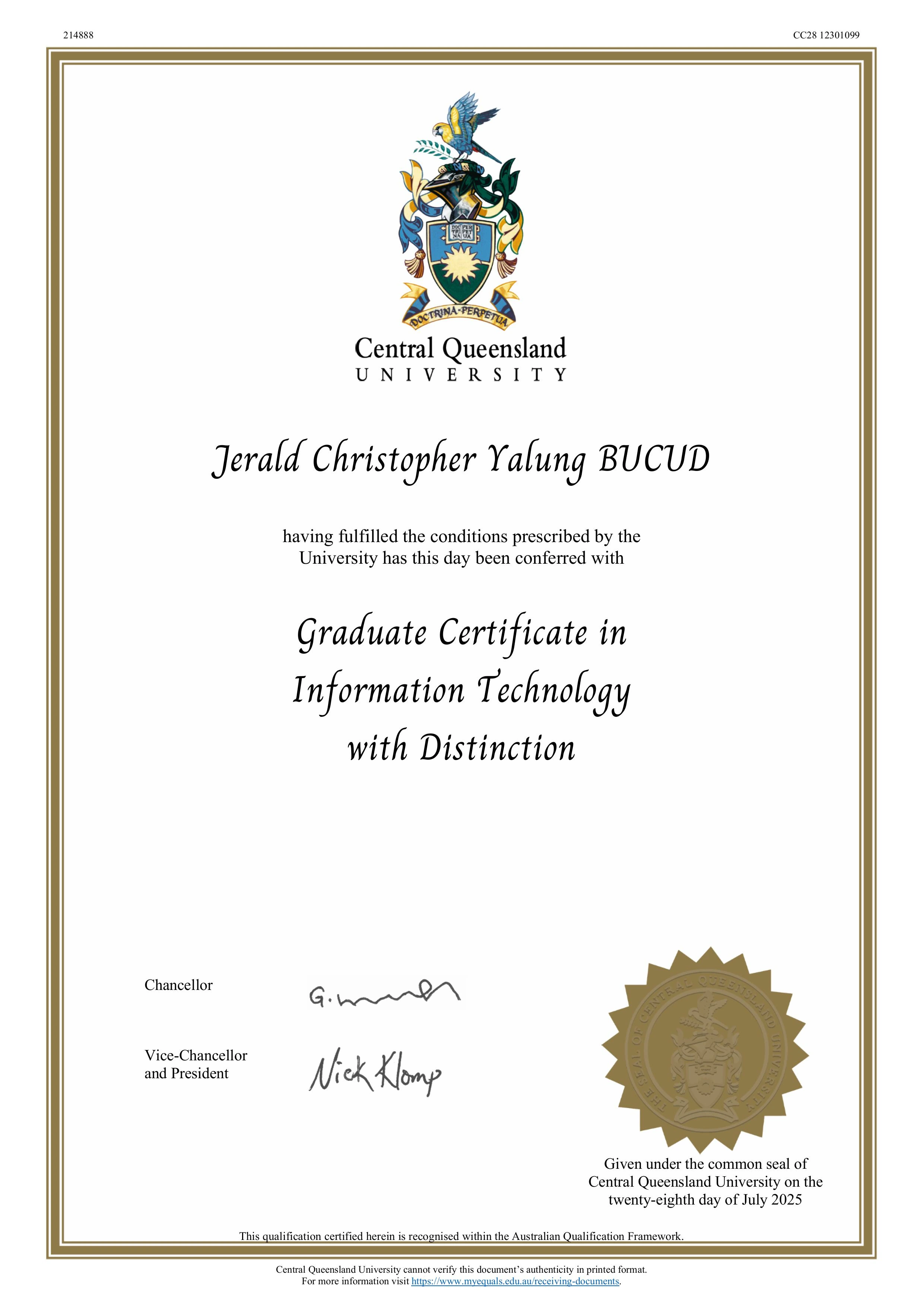 CQUniversity Graduate Certificate of Information Technology with Distinction testamur awarded to Jerald Christopher Bucud