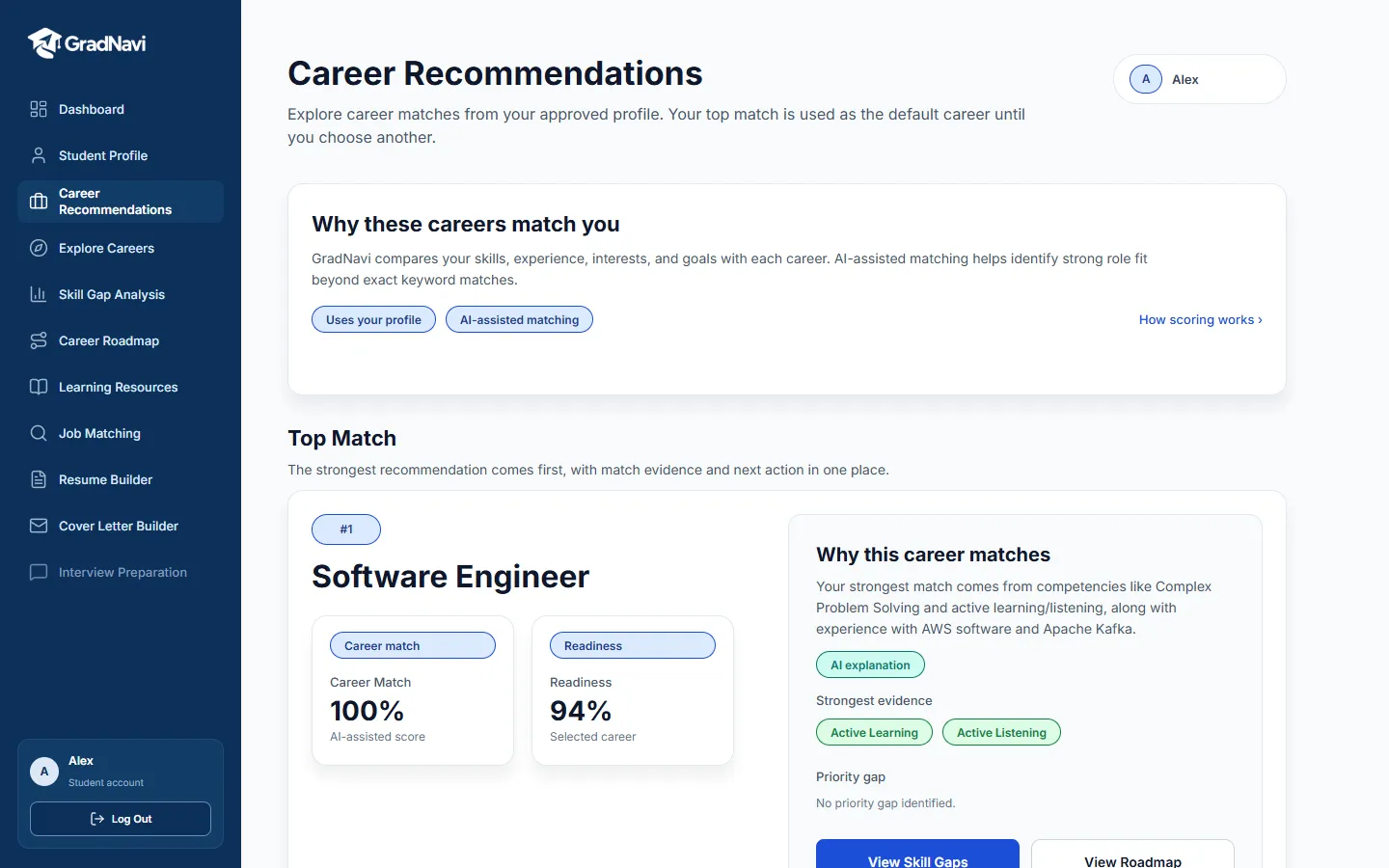 GradNavi student Career Recommendations screen, showing a ranked software engineering match, readiness and AI explanation