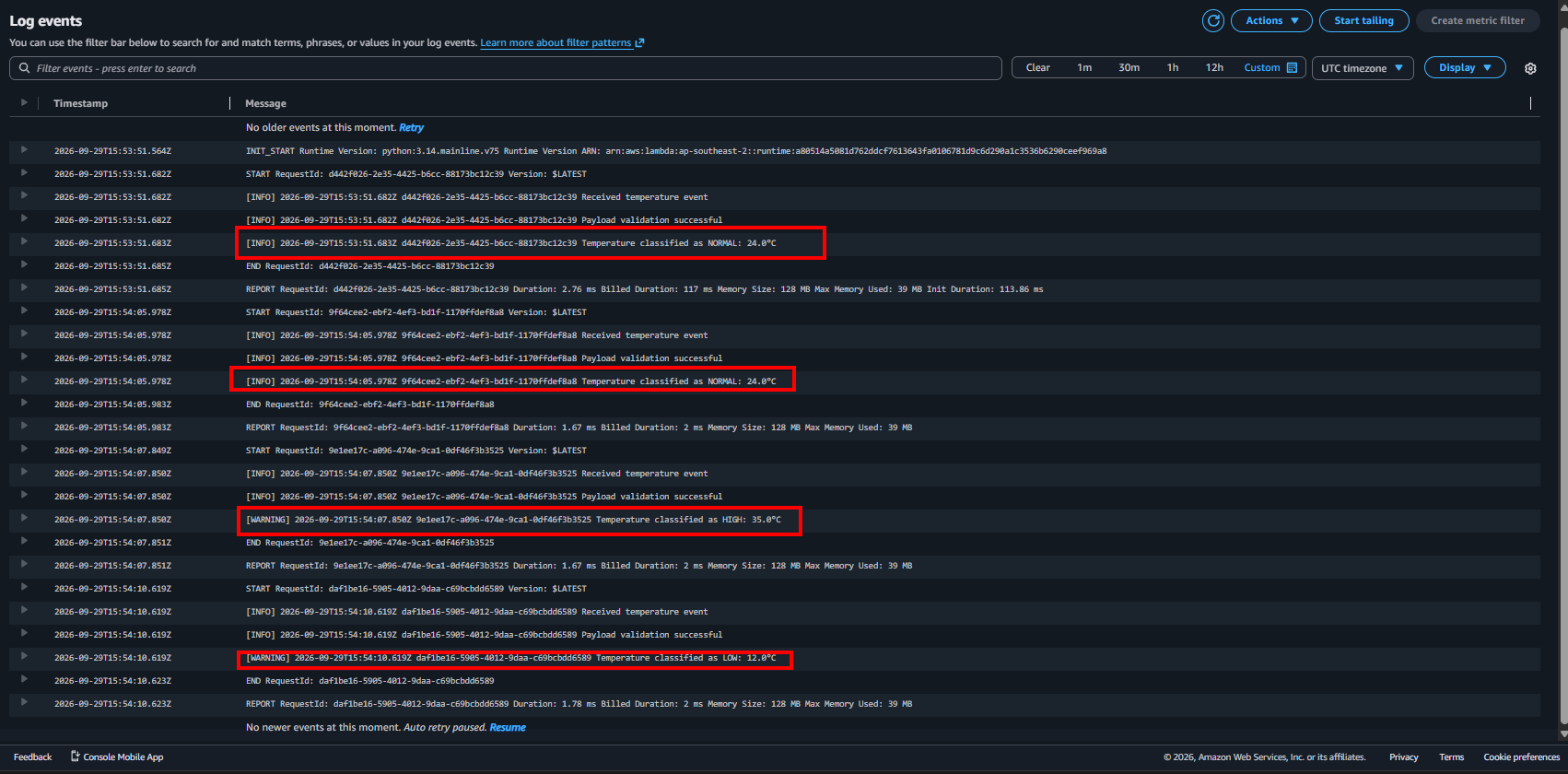 AWS CloudWatch log events indicating normal high and low simulated temperature classification
